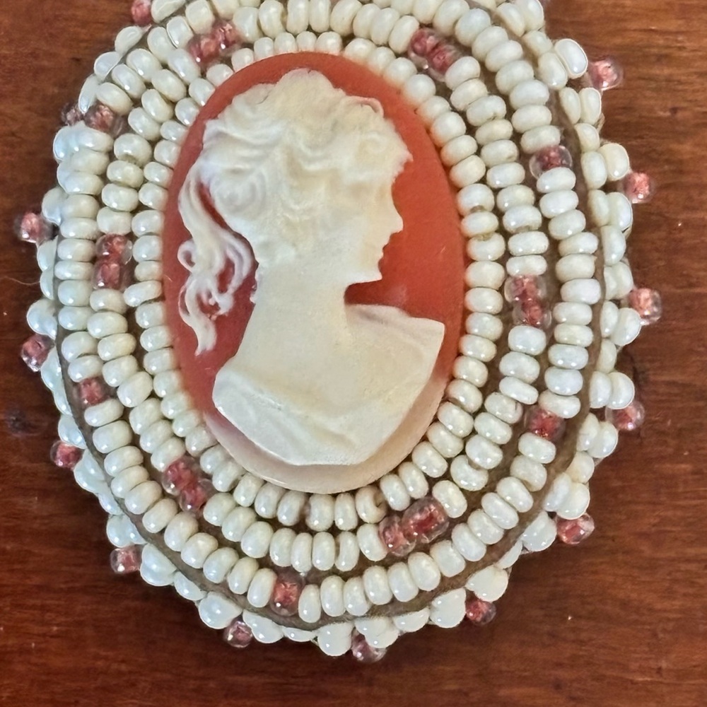 Cameo Orange and Cream Brooch with Radiant Beadwork